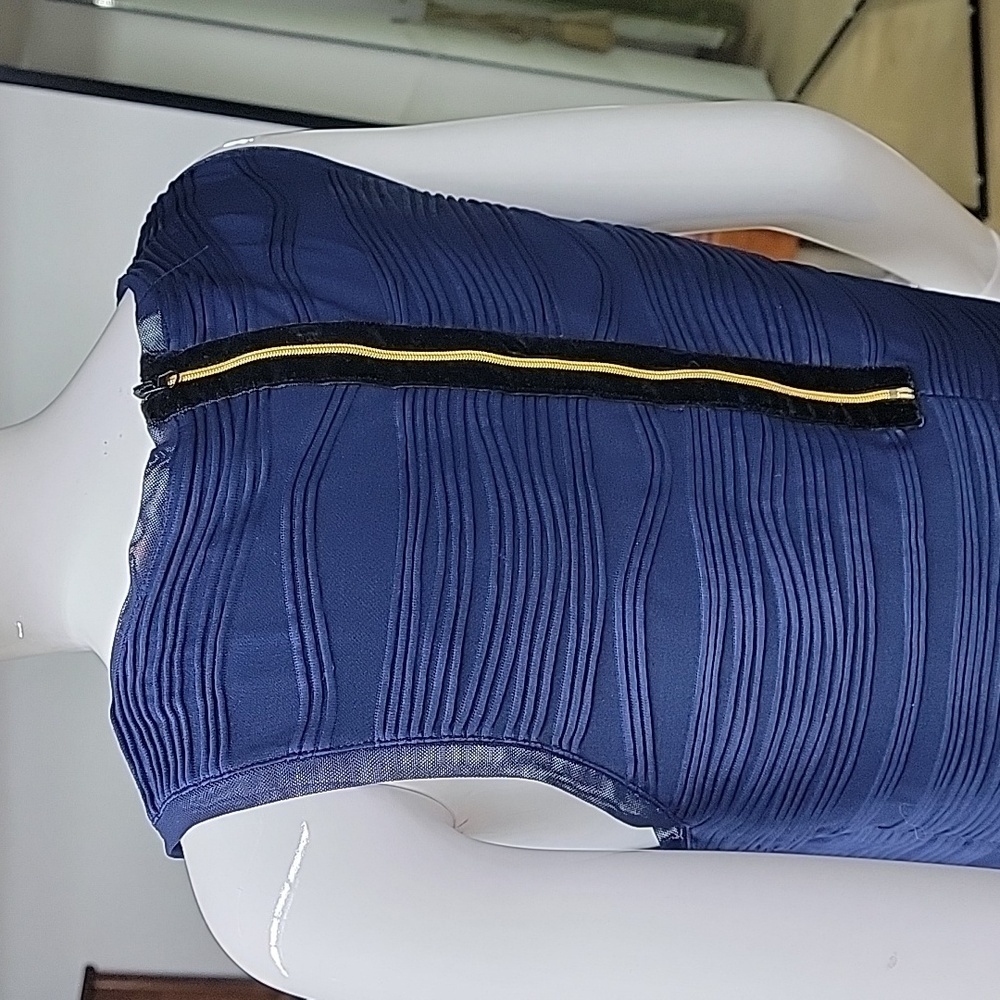 Philosophy Navy Blue Scoop Neck Sleeveless Satin and Sheer Cocktail Dress - Picture 5 of 12
